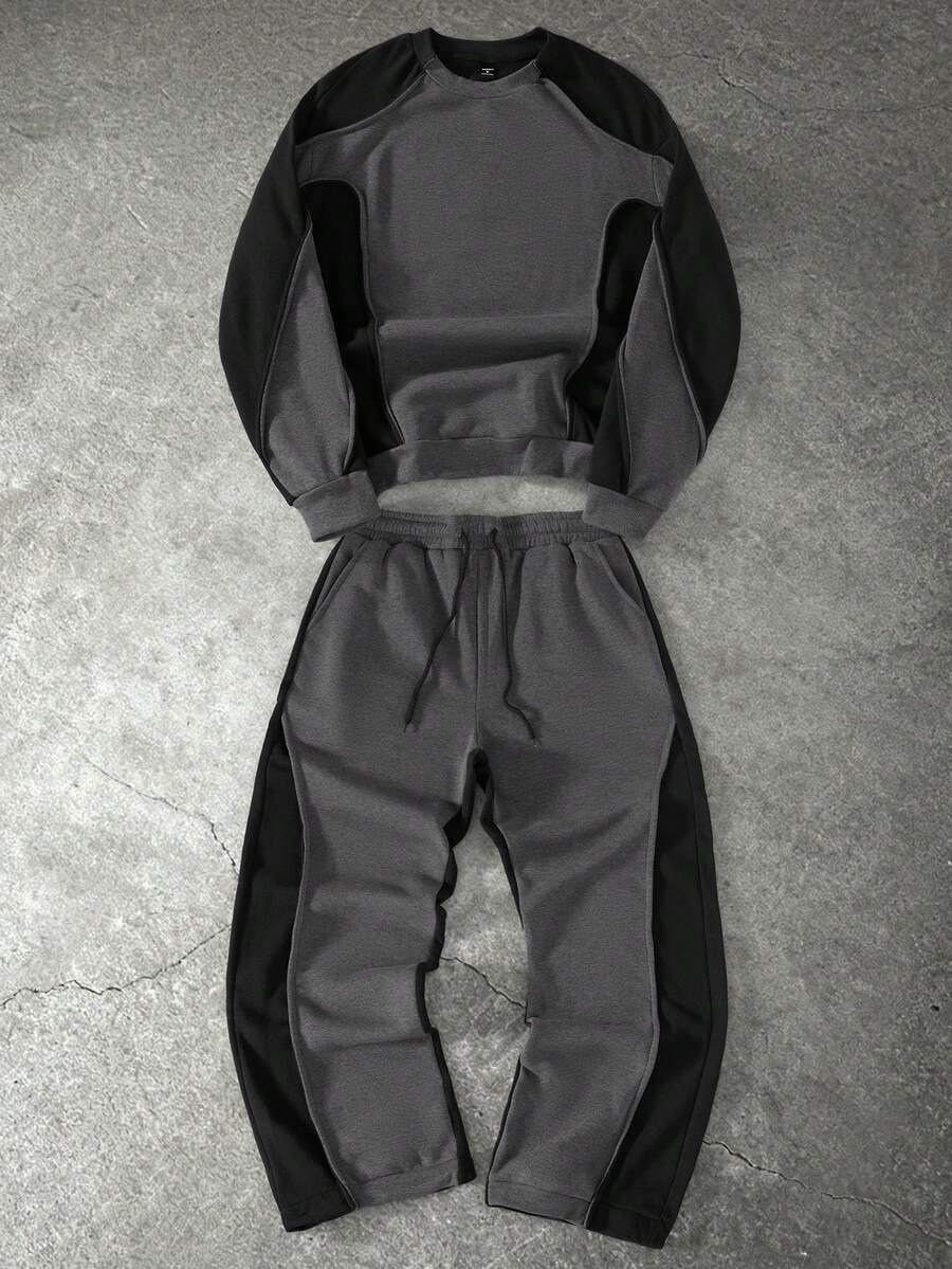 PAVTROS 男士拼色圆领长袖休闲运动衫和运动裤宽松套装，秋季，男士两件套，男士两件套运动裤，男士运动服，男士两件套春秋季 18 25 63 77，舒适服装 - 深灰色 - 查看 1