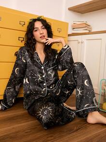 Chillnights Young Sun, Star & Moon Print Lapel Cardigan Women Pajama Set - Multicolor - View 4