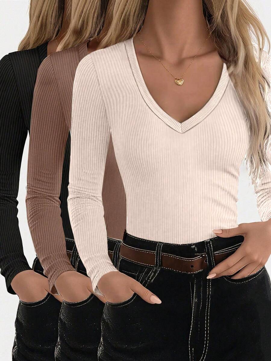 EMERY ROSE Women's Casual Solid Color Slim Fit Long Sleeve T-Shirt, Autumn - Multicolor - View 1