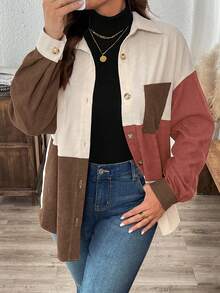 SHEIN LUNE Camisa casual holgada de pana con patchwork de tallas grandes - Multicolor - Ver 3