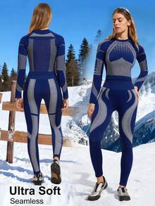 Easithlete Conjunto de traje de esquí con mangas raglán con estampado de lunares y rayas para mujer - Azul Marino - Ver 2