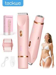 Teckwe Women Bikini Trimmer, Dual-Head Hair Trimmer For Women, 2-In-1 Bikini Shaver With Ceramic Blade Heads & Type-C Charging Port, Electric Razors For Women Pubic Hair,Underarms,Legs,Arms,Face,Pink