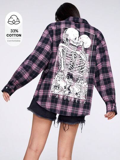 Y2Kool Deniart Artist Dark Skull Print Plaid Print Drop Shoulder Cotton Shirt, For Holiday, Vacation, Spring & Summer, Beach, Festival, Ibiza Fits, Western Wear Going Out Autumn Winter Stylish Clothing Collection New Year Outfits Gyaru Graphic Blouse