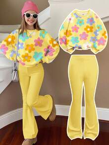 Tween Girls Butter Yellow,Autumn,Cute Flower Pattern Sweatshirt And Flare Pants Set,Back-To-School School Outfits Casual Loose Crew Neck Fall Clothes - White - View 1