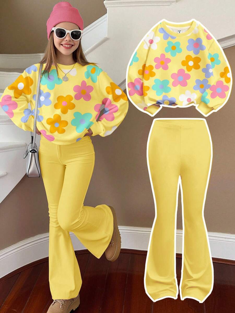 Tween Girls Butter Yellow,Autumn,Cute Flower Pattern Sweatshirt And Flare Pants Set,Back-To-School School Outfits Casual Loose Crew Neck Fall Clothes - White - View 1