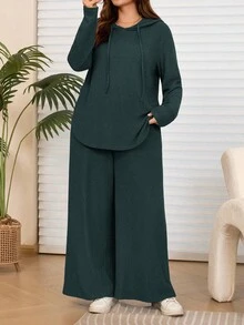 Rosumi 两件套加大码女式休闲连帽卫衣上衣和裤子套装，带口袋，秋冬季 - 墨綠色 - 查看 6