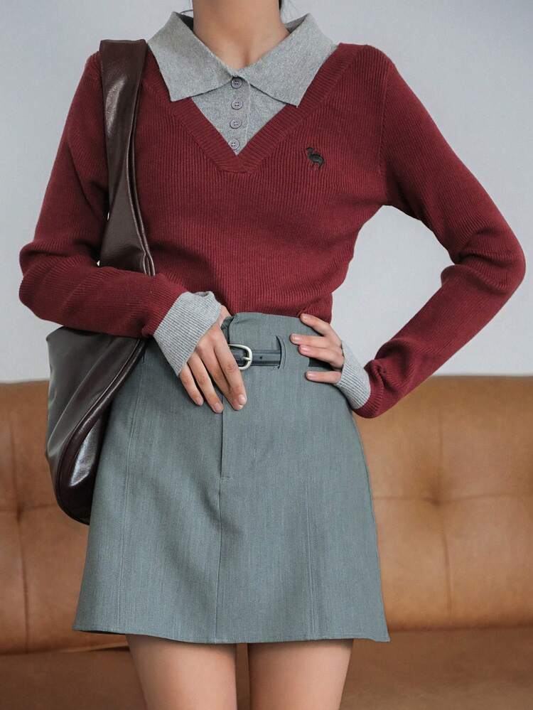 Teen Girls' Fashionable Casual Contrast Color Sweater