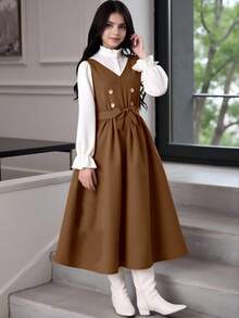 SHEIN 少女荷叶边领两件套长袖梭织连衣裙，优雅休闲，适合通勤、日常出行、派对、春秋季穿着。 - 棕色 - 查看 1