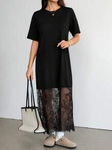SHEIN Tall Robe décontractée ample à col rond et manches courtes de couleur unie avec dentelle. Convient pour les sorties, les déplacements, les tenues d'aéroport, les robes "Old Money", les tenues de sortie, les tenues d'enseignante, les robes élégantes pour femmes - Noir - Voir 6