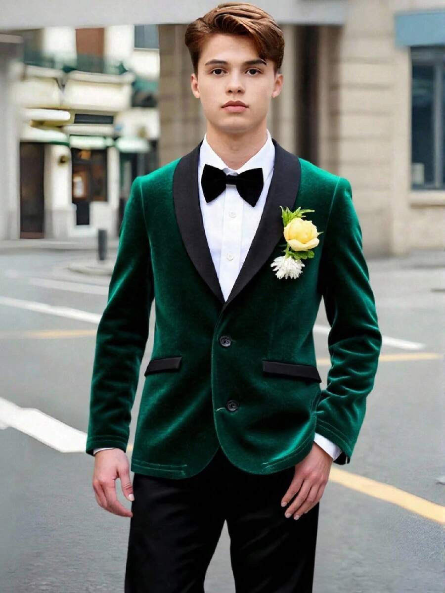 SHEIN 两件套青少年男童绅士风修身休闲西装外套及裤子，含领带，绅士套装，派对礼品，返校服，秋冬季 - 彩色 - 查看 1