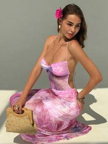 Aloruh 浪漫印花连衣裙，细肩带露背设计，适合约会、度假、春夏穿着。 - 紫色 - 查看 1