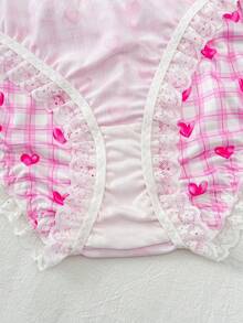 Women's Lace Patchwork Plaid & Heart Print Bow Decor Panties - Pink - View 5