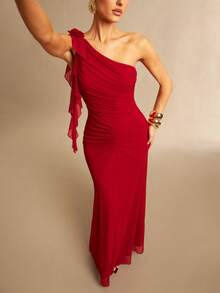 Silquee 1 pièce Robe longue ajustée pour femme avec col asymétrique et volants, couleur unie - Rouge - Voir 7