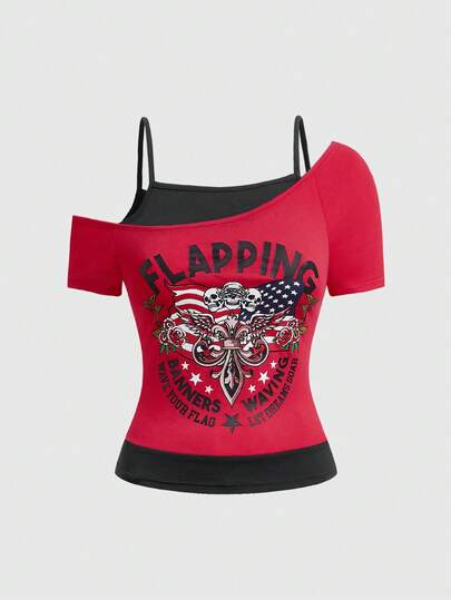 J-Fashion Camiseta de mujer de estilo retro con estampado de calavera y estrella, contraste de color y hombros caídos