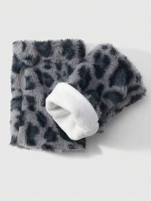 ROMWE Goth 1 Pair Y2K Stylish Sweet Casual Cute High-Quality Plush Warm Blue Faux Rabbit Fur Leopard Tiger Animal Print Gloves With Long Sleeve Cuff, Fingerless Mittens Combo Set, Suitable For Women Daily Outfit, Holiday Gift - Blue -1 - View 7