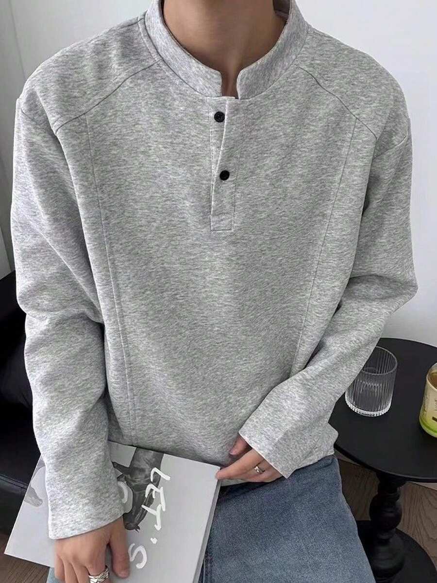 Resyla Men's Casual Button-Up Long Sleeve Pullover Sweatshirt - Grey - View 1