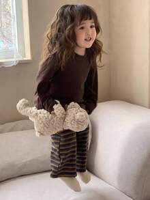 DAZY 2pcs/Set Toddler Girls' Casual Solid Color Round Neck Top And Striped Pants Pajama Set - Coffee Brown - View 7