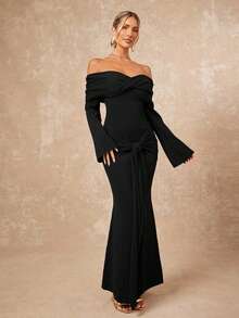 Lumalex Off-Shoulder Flare Sleeve Waist Cinched Ruched Tie-Knot Maxi Sweater Dress For Women - Black - View 7