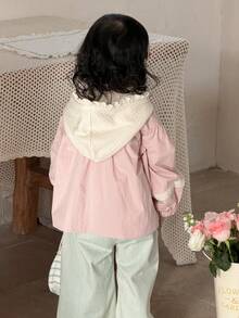 DAZY Áo khoác dài tay cài một hàng khuy cho bé gái, phối ren hoa, có mũ trùm đầu, thích hợp cho mùa xuân, quần áo cho bé gái tập đi. - Hồng - Xem 2