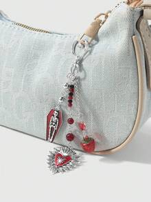 ROMWE Kawaii 1件Y2K时尚优雅高品质银链星星骰子丝带蝴蝶结水晶翅膀爱心樱桃吊坠钥匙扣，适合女性/女孩日常佩戴，节日礼物 - 紅色-64 - 查看 5