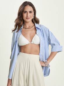 CAJUNI 女式条纹七分袖单排扣休闲宽松衬衫 - 藍色 - 查看 6