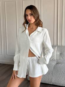 HautHeat Pijama superior de manga larga con botones y unicolor para mujer - Blanco - Ver 3