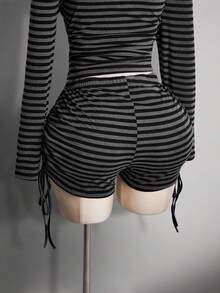 SHEIN ICON Plus Size Y2K Dark Punk Style Casual Side Ruched Drawstring Striped Shorts Goth Shorts Black And Gray Striped Shorts Ruched Shorts - Black - View 15