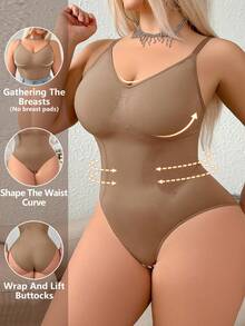 SHEIN 1 bộ đồ định hình liền mạch cỡ lớn cho nữ, định hình eo và bụng, thiết kế khóa bấm ở đáy quần dễ mặc, có thể mặc làm áo khoác ngoài - màu nâu - Xem 7