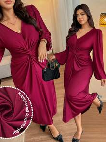 Vionelle Plus Size Satin Shiny Long Dress With Lantern Sleeves, Twist Front Detail, Hidden Zipper, Romantic Party Dress, Autumn/Winter Women Elegant Dress Elegant Midi Dress Long Sleeve Elegant Dress Twist Front Dress Curve Elegant Dress Chinese New Year - Burgundy - View 1