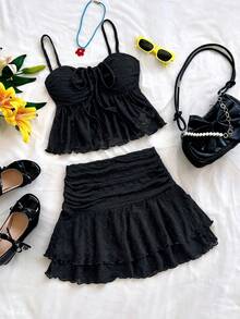 Soleia 2 件套女士度假针织杏色纹理吊带背心，配有抽绳胸围和荷叶边下摆，搭配腰部褶皱和双层荷叶边下摆迷你裙，适合派对、约会、下午茶、返校、毕业典礼 - 黑色 - 查看 5