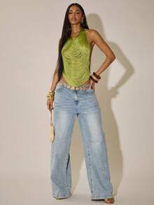 SHEIN BAE Women's Spring/Summer Beach Vacation/Holiday Cuban Avocado Green Heavy-Fit Drape Neck Sheer Fringe Halter Top - Perfect For Parties, Holiday Party, Beach Top, Date Nights, And Party Party,Carnival Women Look 2026,Spring Break Outfits,Summer Holiday Outfits - Green - View 3