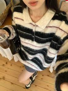 DAZY 女士翻领条纹抓绒韩版长袖毛衣，秋冬款 - 黑與白 - 查看 1