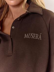 MUSERA Embroidered Button Up Collared Sweatshirt Tracksuit Jumper Only Cosy Cute Casual Outings   Two Pieces Lounge Set Comfortable Coffee Club - Coffee Brown - View 6