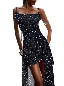 LYSMO Váy ngủ chấm bi hở chân hở vai thời trang xuân/hè cho nữ - màu đen - Xem 4