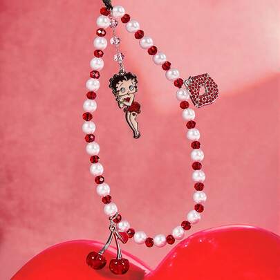 Betty Boop x SHEIN Fashion Zinc Alloy Red White Handmade Beaded Mobile Phone Chain Ladies Sweet Mobile Phone Lanyard Mobile Phone Charm, Love, Love, Kiss,Gift Ideas,Party,Holiday,Valentine's Day