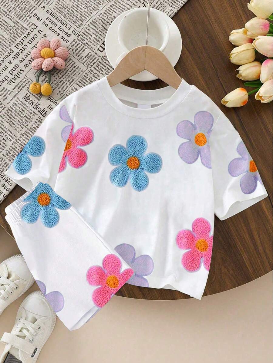 SHEIN 2 Pcs Baby Girls Casual Fashionable Comfortable Minimalist Floral Print T-Shirt And Shorts Set, Spring/Summer Cute Girls Sets - Multicolor - View 1