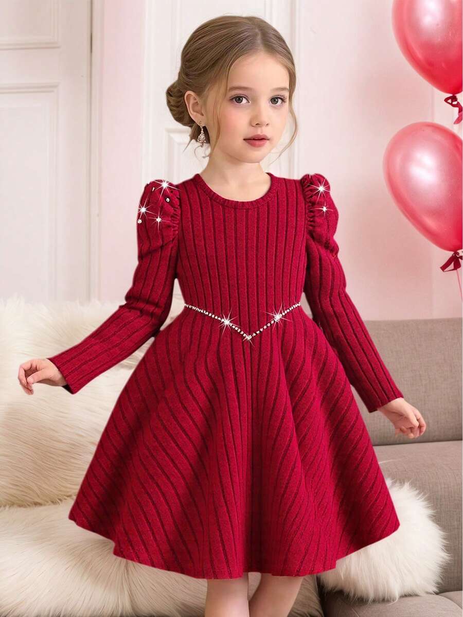 Elladie kids 年轻女孩时尚红色柔软罗纹圆领串珠泡泡袖收腰 V 领串珠 A 字连衣裙，适合新年、派对、春秋、冬季、圣诞节