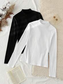 Tseoso 2pcs Women High Neck Tight Fit Long Sleeve Base Layer T-Shirt Set,White And Black,Winter,Casual,School,Back-To-School,95% Cotton Turtleneck Mock Tops - Multicolor - View 8