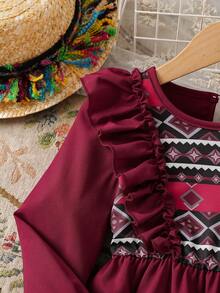 Rochie elegantă pentru fete, cu imprimeu retro, decolteu rotund, tiv cu volane, mânecă lungă, linie A, casual, potrivită pentru vacanță, călătorii, Crăciun, Ziua Îndrăgostiților, purtare zilnică, primăvară/toamnă/iarnă