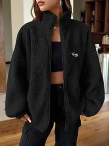 SHEIN EZwear Casual Letter Patch Off Shoulder Teddy Jacket In Fall/Winter - Black - View 3