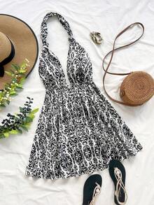 Soleia Women's Allover Print Halter Backless Sleeveless Mini Dress Summer Dress Vacation Women Sundress Summer Beach Sundress Swimsuit Dress For Women Women Vacation Dress Boho Dress Halter Dress - Black and White - View 1