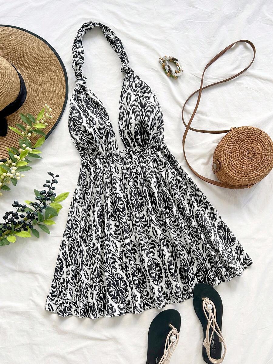 Soleia Women's Allover Print Halter Backless Sleeveless Mini Dress Summer Dress Vacation Women Sundress Summer Beach Sundress Swimsuit Dress For Women Women Vacation Dress Boho Dress Halter Dress - Black and White - View 1