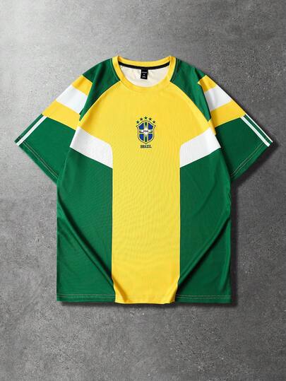 Maglietta sportiva casual da uomo, maglietta a maniche corte con patchwork a contrasto di colore, stile sportivo brasiliano