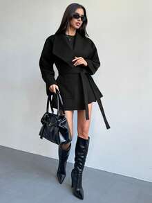 Aloruh Áo khoác len dài tay dáng quấn chéo màu trơn thời trang và đa năng - màu đen - Xem 1