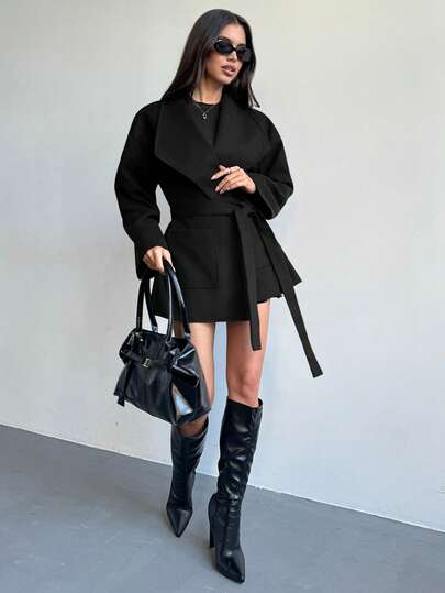 Aloruh Solid Color Crossover Wrap Long Sleeve Fashionable & Versatile Woolen Coat