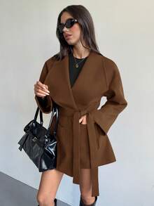 Aloruh Women's Long Sleeve Twist Waist Design Asymmetric Hem Fashionable Versatile Wool Blend Coat, Autumn/Winter - Brown - View 3