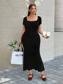 SHEIN EZwear Plus Scoop Neck Bodycon Dress - Black - View 4