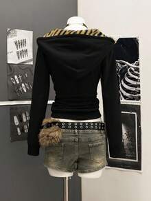 StreetHx 女士修身休闲通勤卫衣，灰色，饰有毛绒豹纹印花，百搭Y2K朋克风格，轻薄长袖，适合春秋季穿着。 - 黑色 - 查看 2