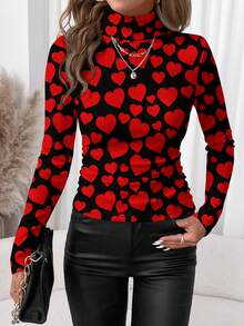 SHEIN Clasi Women's Casual Slim-Fit Turtleneck Knit Top With Classic Valentine's Day & New Year Party Women's Black Turtleneck Long Sleeve Slim Fit Red Heart Print Top - Romantic Wedding Guest, Date Night & Club,Graphic Tees Valentine's Day - Multicolor - View 7