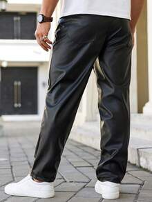 Manfinity Homme 加大码男士纯色口袋PU皮休闲裤，多功能男士运动裤，男士阔腿侧条纹健身裤，男士街头服饰裤，防风裤，时尚街头服饰百搭单品，送给男友的完美礼物。 - 黑色 - 查看 2